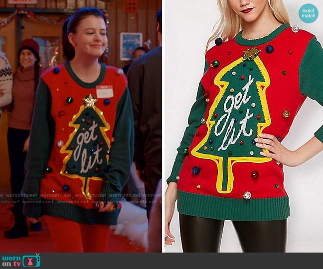 Spencers Light-Up Get Lit Ugly Christmas Sweater worn by Maxine Baker (Sara Waisglass) on Ginny & Georgia