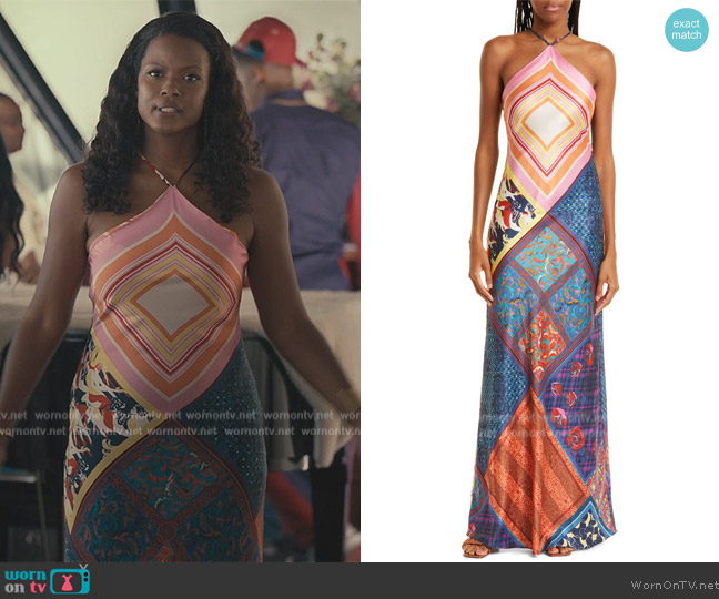 Staud Cubism Mix Print Satin Maxi Dress worn by Vivian Banks (Cassandra Freeman) on Bel-Air