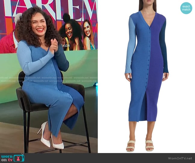 Staud Shoko Colorblock Sweater Dress in Cobalt Multi worn by Grace Byers on Access Hollywood