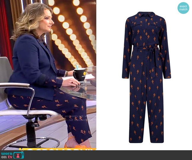 Sugarhill Brighton Charlie Jumpsuit in Navy Lightning Polka worn by Christina Ruffini on CBS Mornings