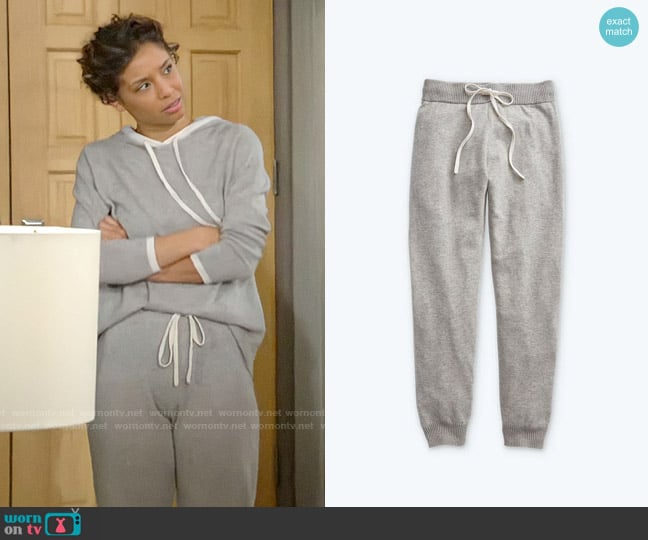 Summersalt The Coziest Cashmere Blend Jogger in Wolf & White Sand worn by Elena Dawson (Brytni Sarpy) on The Young and the Restless