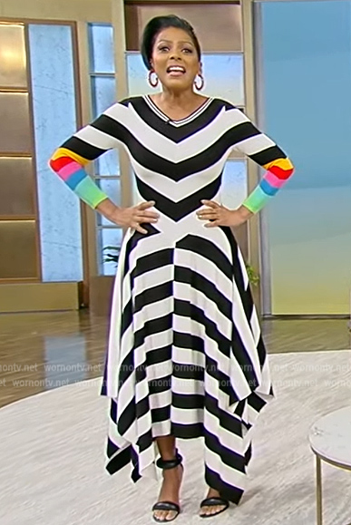 Tamron’s asymmetric contrast stripe dress on Tamron Hall Show