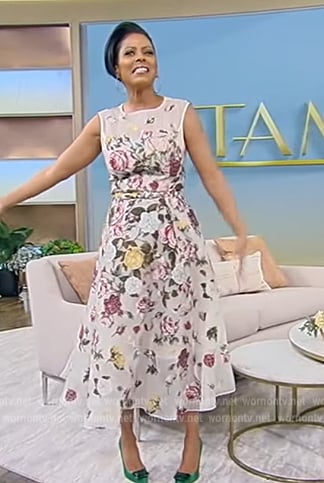 Tamron’s white floral sleeveless dress on Tamron Hall Show