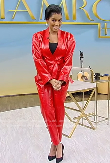 Tamron's red leather jumpsuit on Tamron Hall Show