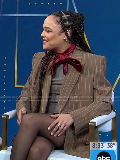 Tessa Thompson’s brown pinstripe blazer on Good Morning America