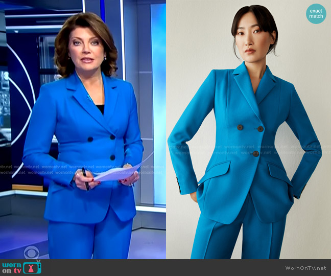 The Fold Abbeville Jacket in Turquoise Wool worn by Norah O'Donnell on CBS Evening News