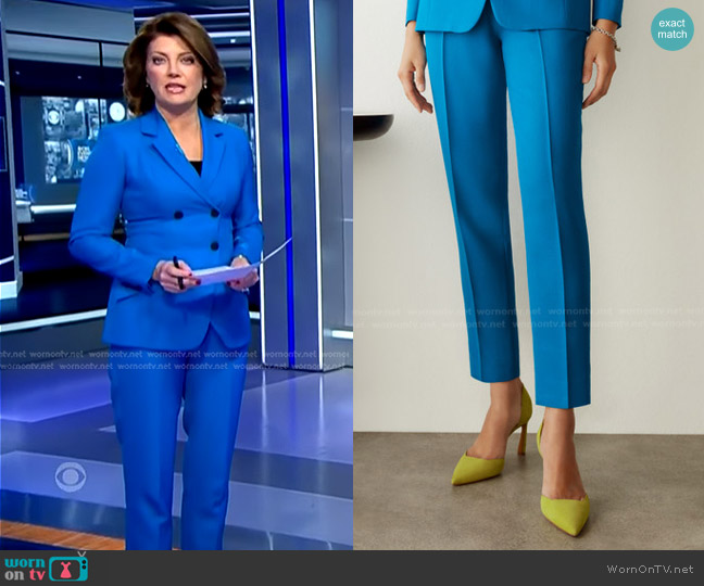 The Fold Esme Slim-Leg Trousers in Turquoise Wool worn by Norah O'Donnell on CBS Evening News
