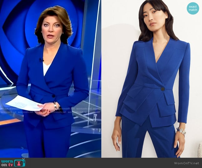 The Fold Clever Crepe Claremont Jacket in Cobalt Blue worn by Norah O'Donnell on CBS Evening News