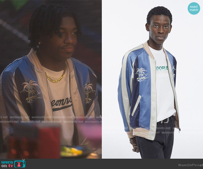 The Kooples Blue and Pink Embroidered Reversible Jacket worn by Zeke (Ceyair J Wright) on Grown-ish