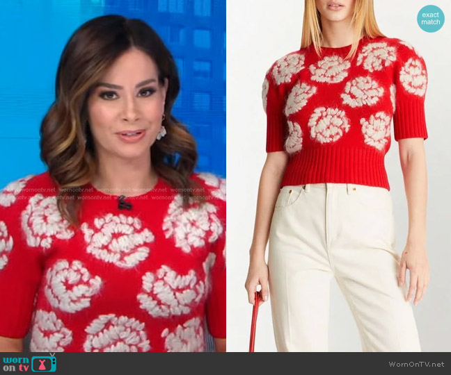 Tory Burch Rose-Embroidered Sweater worn by Rebecca Jarvis on Good Morning America