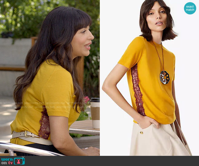 Tory Burch Ruby Lace Inset Sweater worn by Sam (Hannah Simone) on Not Dead Yet