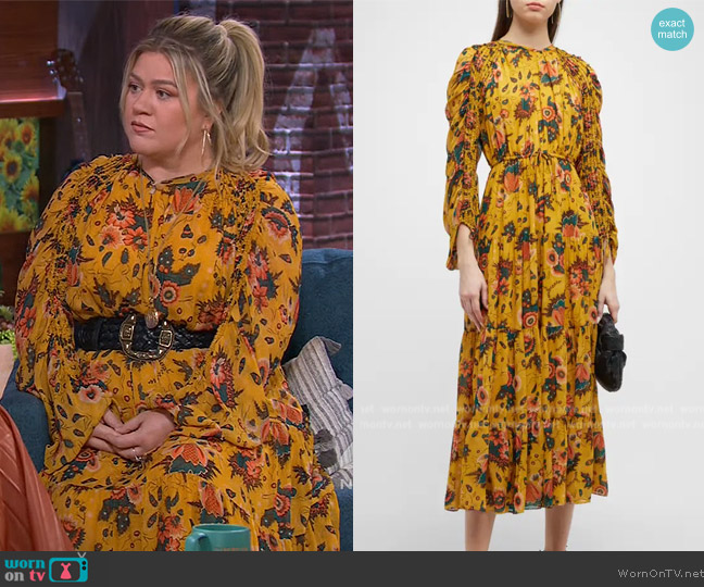 Ulla Johnson Noelle Floral Silk Tie-Cuff Maxi Dress worn by Kelly Clarkson on The Kelly Clarkson Show