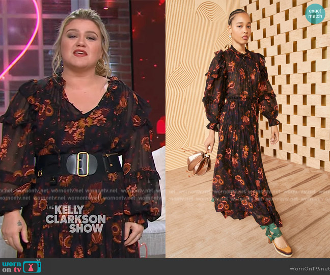 Ulla Johnson Miray Floral Ruffled Silk Blouse and Skirt worn by Kelly Clarkson on The Kelly Clarkson Show