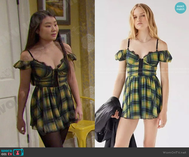 Urban Outfitters Tula Cold Shoulder Romper In Lemon worn by Wendy Shin (Victoria Grace) on Days of our Lives