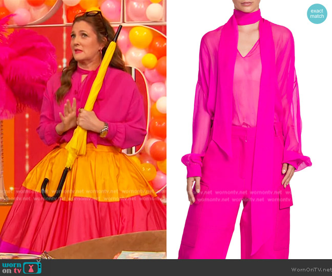 Valentino Chiffon Tie-Neck Top worn by Drew Barrymore on The Drew Barrymore Show