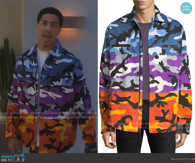 Valentino Multicolor Camouflage Shuffle Shirt Jacket worn by Andre Johnson, Jr. (Marcus Scribner) on Grown-ish