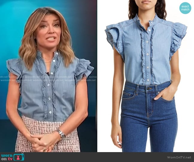 Veronica Beard Tenille Ruffle Chambray Shirt worn by Kit Hoover on Access Hollywood