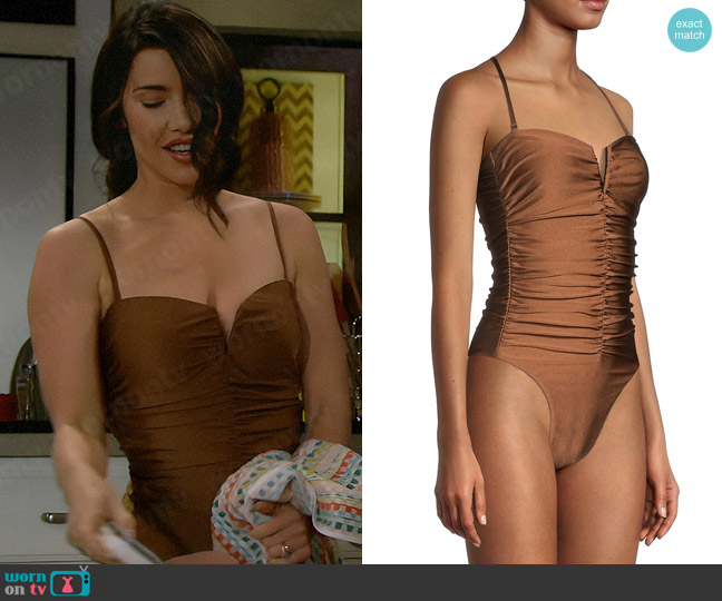 Veronica Beard Arpel Ruched One Piece Swimsuit worn by Steffy Forrester (Jacqueline MacInnes Wood) on The Bold and the Beautiful