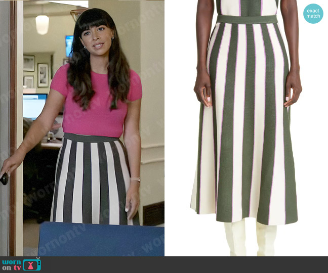 Victoria Beckham Stripe A-Line Midi Skirt worn by Sam (Hannah Simone) on Not Dead Yet