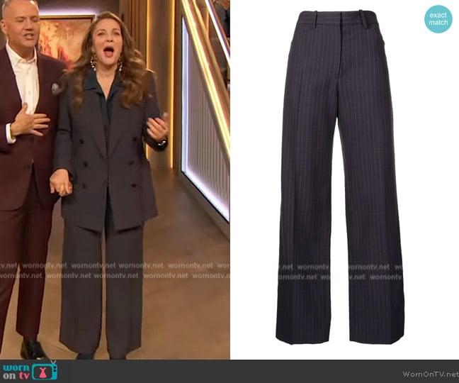 Victoria Beckham Striped Tailored Trousers worn by Drew Barrymore on The Drew Barrymore Show