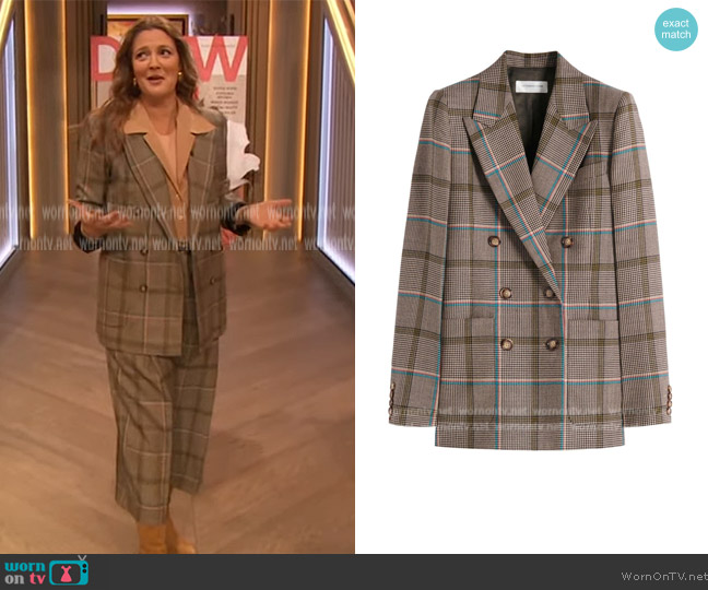 Victoria Beckham Houndstooth Double-Breasted Wool Jacket worn by Drew Barrymore on The Drew Barrymore Show