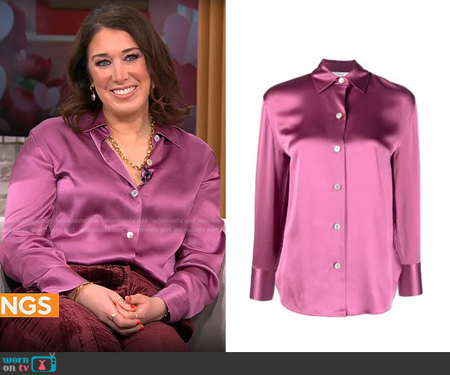 Vince Relaxed Button-Up Silk Blouse in Camellia worn by Sarah Gelman on CBS Mornings