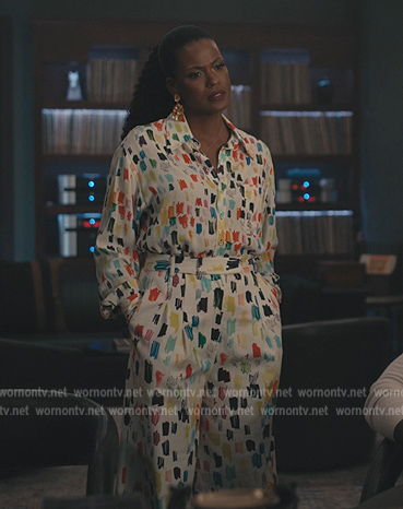 Viv’s white multicolored marker print top and pants on Bel-Air