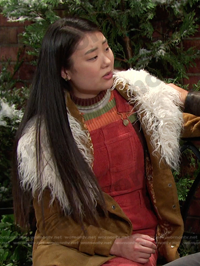 Wendy’s red overalls and fur collar jacket on Days of our Lives