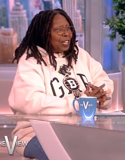Whoopi's white logo hoodie on The View