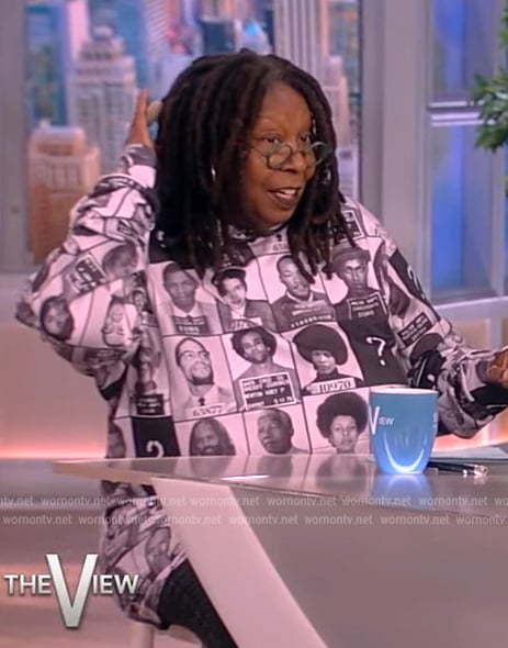 Whoopi's mugshot print hoodie on The View