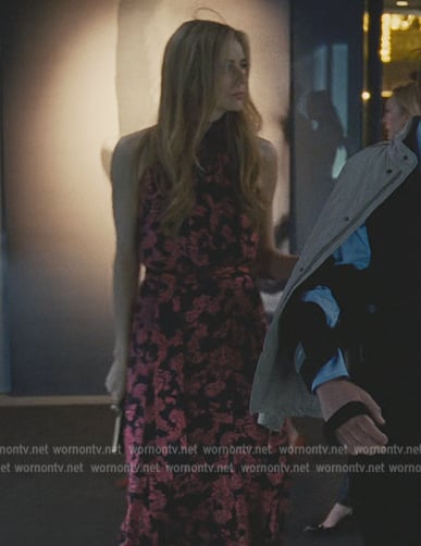 Willa's red floral halter neck dress on Succession