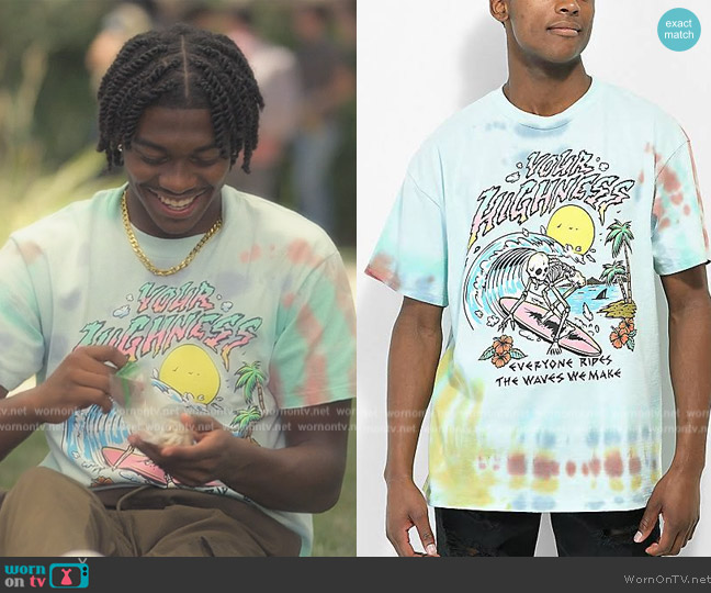 Your Highness Ride The Wave Blue Tie Dye T-Shirt worn by Zeke (Ceyair J Wright) on Grown-ish