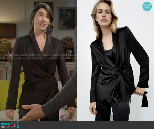 Zara Satin Effect Tied Blazer worn by Steffy Forrester (Jacqueline MacInnes Wood) on The Bold and the Beautiful