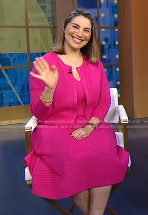 Zibby Owens’s pink knit dress and pointelle cardigan on Good Morning America