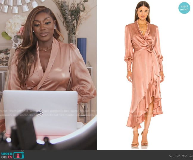 Zimmermann Silk Wrap Midi Dress worn by Wendy Osefo on The Real Housewives of Potomac