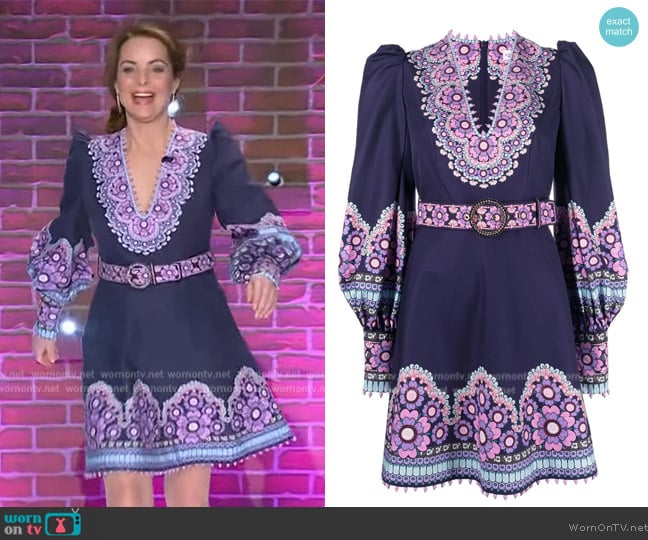 Zimmermann Celestial cotton twill and silk minidress worn by Kimberly Williams-Paisley on The Kelly Clarkson Show