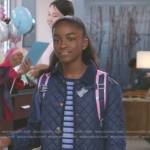 Zola’s striped top and navy quilted jacket on Greys Anatomy