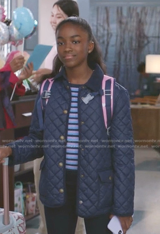 Zola’s striped top and navy quilted jacket on Greys Anatomy