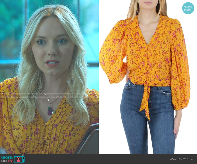 1.State Floral Print Tie Front Button-Down Top worn by Claire Badgley (Seri DeYoung) on Good Trouble