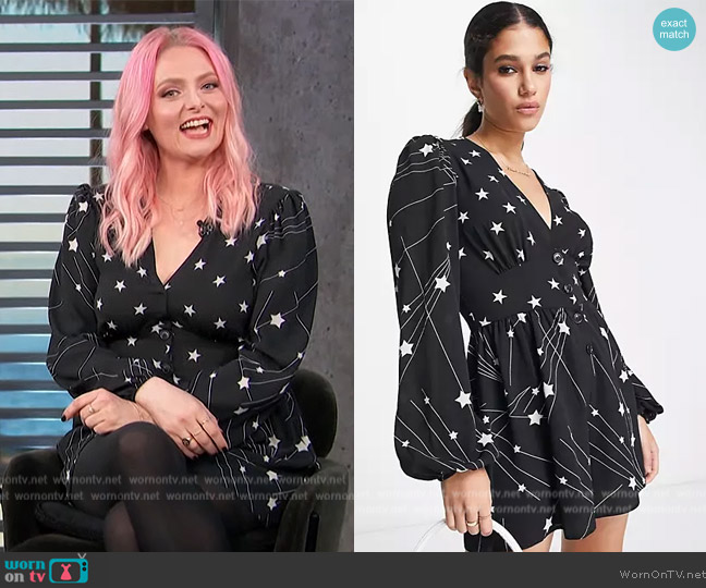 ASOS Bubble Romper with Puff Sleeve in mixed star print worn by Lauren Ash on Access Hollywood