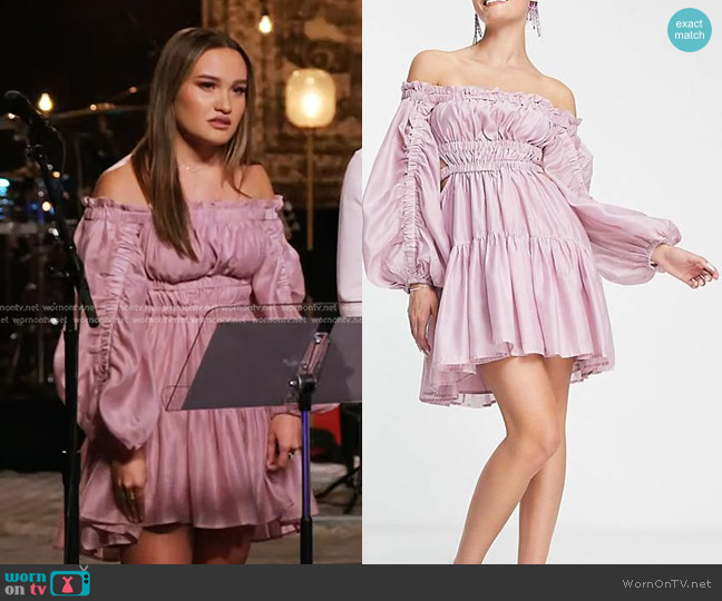 Asos Off-Shoulder Mini Dress with Ruched Paneled Detail in washed lilac worn by Kala Banham on The Voice