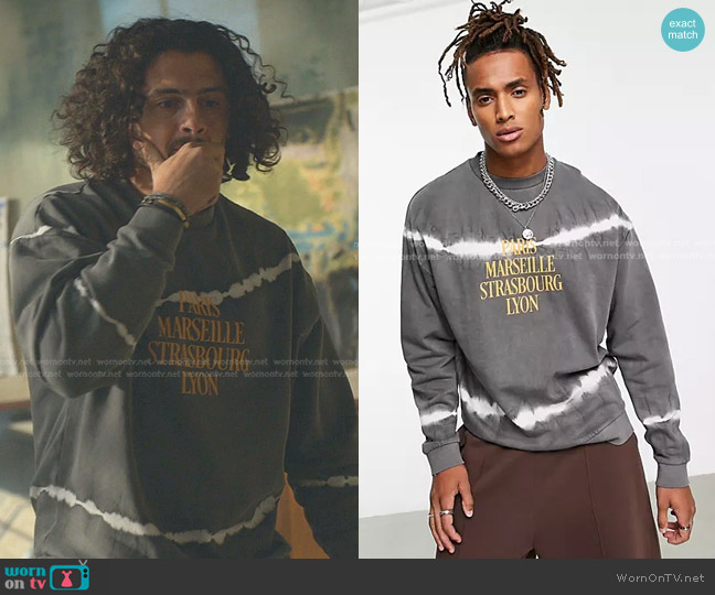 Asos Oversized Sweatshirt in gray tie dye with text city print worn by Gael Martinez (Tommy Martinez) on Good Trouble