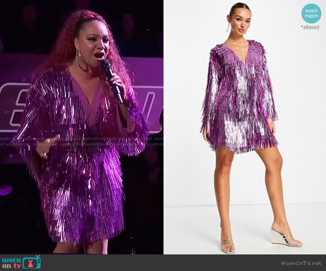 Asos Shard Sequin Wrap Mini Dress with in pink worn by Cait Martin on The Voice