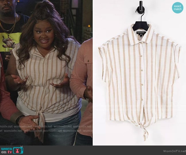 ASOS Wednesday's Girl shirt with tie front in natural stripe worn by Nicky (Nicole Byer) on Grand Crew