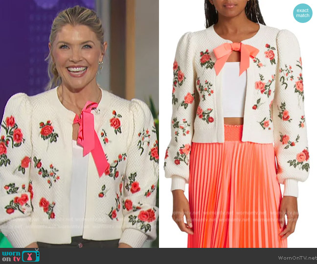 Alice + Olivia Kitty Floral Embroidered Cardigan worn by Amanda Kloots on The Talk