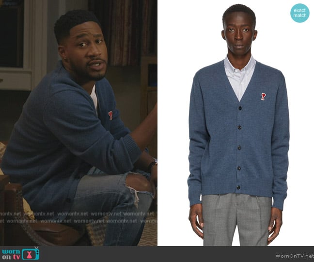 Ami Alexandre Mattiussi Blue Merino Ami De Coeur Cardigan worn by Anthony Holmes (Aaron Jennings) on Grand Crew