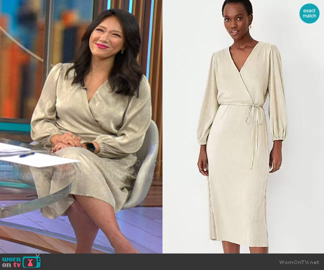 Ann Taylor Shimmer Pleated Wrap Dress worn by Nancy Chen on CBS Mornings