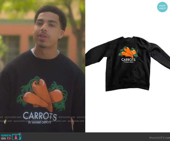 Anwar Carrots Carrots Illustrated Logo Sweater worn by Andre Johnson, Jr. (Marcus Scribner) on Grown-ish