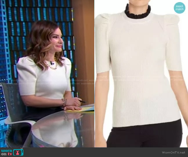 Aqua Cashmere Puff-Sleeve Cashmere Sweater with Removable Lace Collar worn by Rebecca Jarvis on Good Morning America