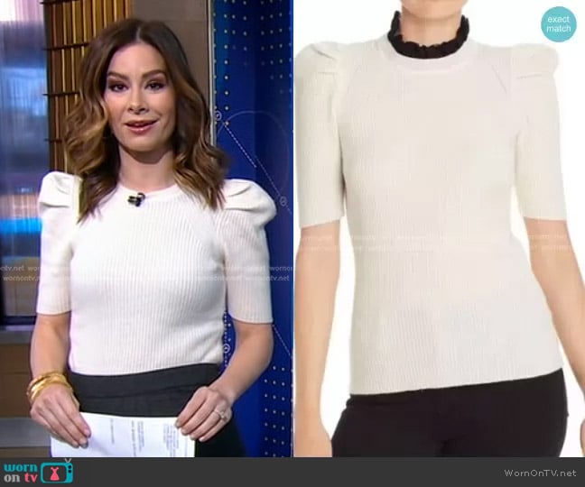 Aqua Cashmere Puff-Sleeve Cashmere Sweater with Removable Lace Collar worn by Rebecca Jarvis on Good Morning America